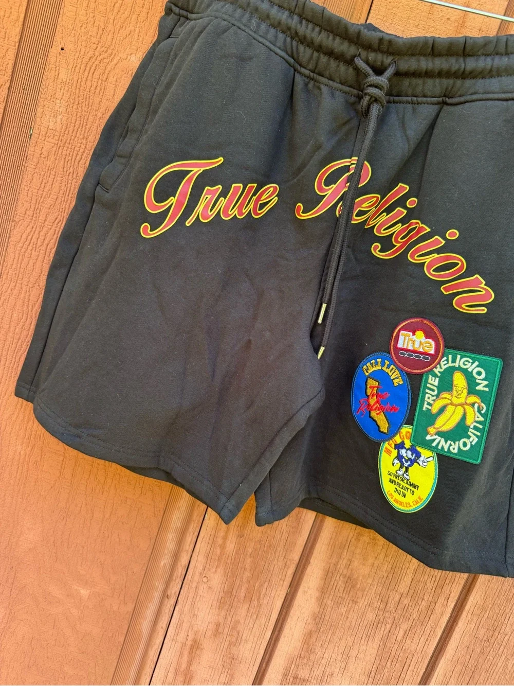 NWT True Religion Black Athletic Shorts with Colorful Patch Logos